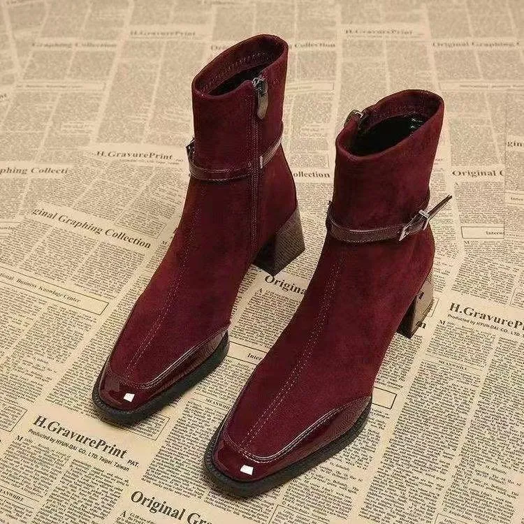 Retro French British style black suede ankle boots with square toe and thick heel