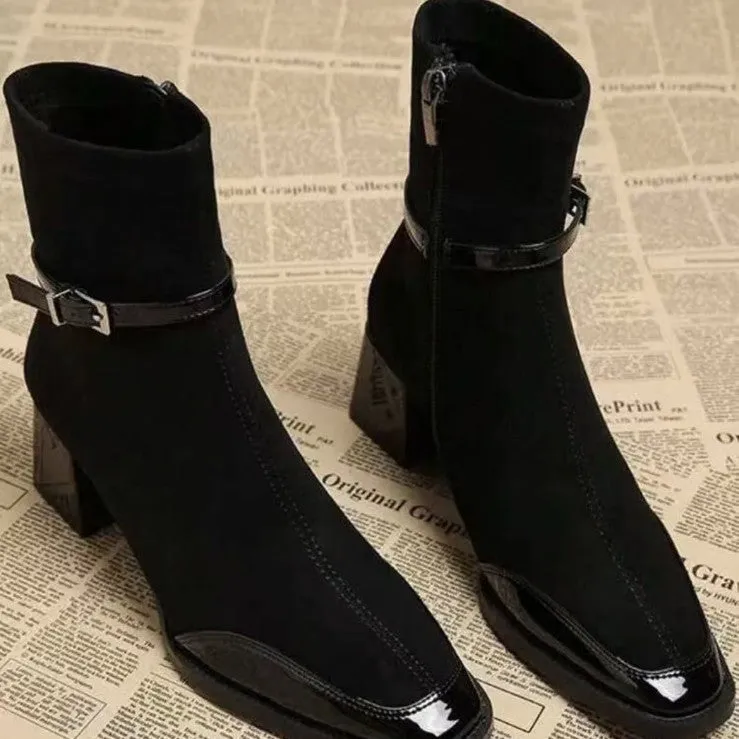 Retro French British style black suede ankle boots with square toe and thick heel