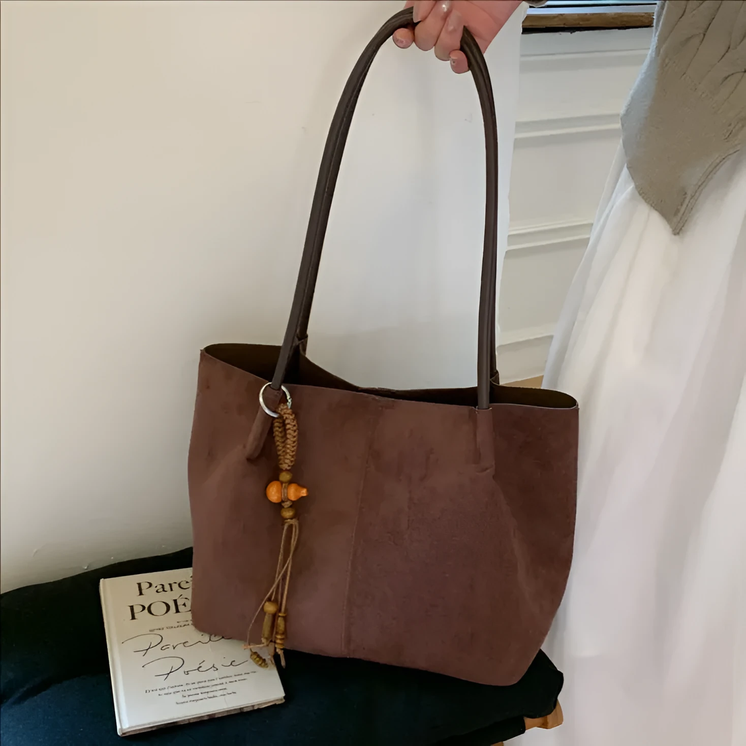Large capacity suede tote bag with pendant, horizontal square shape, available in black, brown, coffee, and green