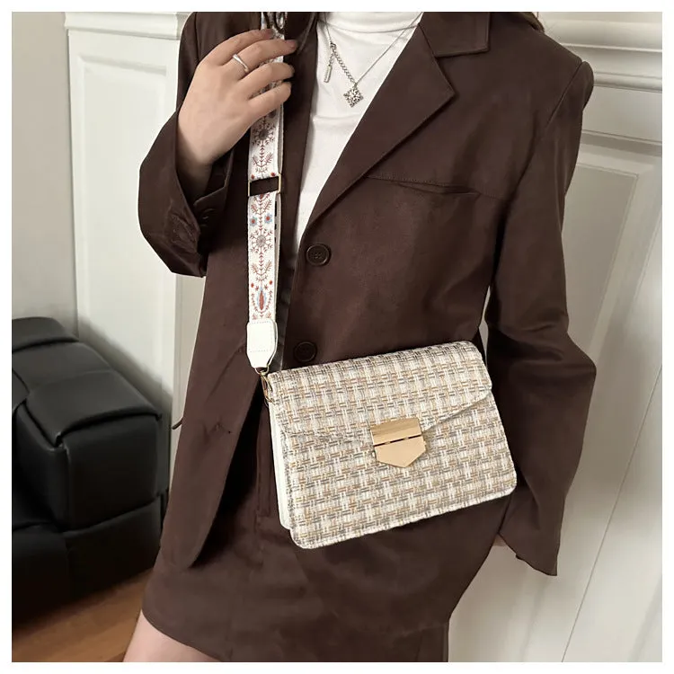 PU leather single shoulder bag horizontal square 23x16cm colour block grid pattern chain black