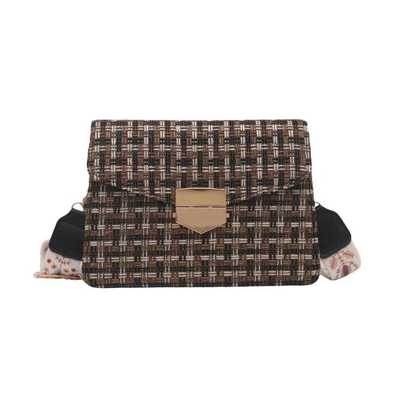PU leather single shoulder bag horizontal square 23x16cm colour block grid pattern chain black