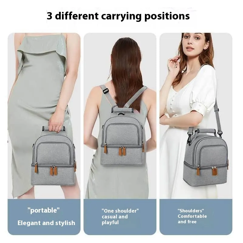 Grey women's thermal insulation backpack with adjustable curved shoulder straps