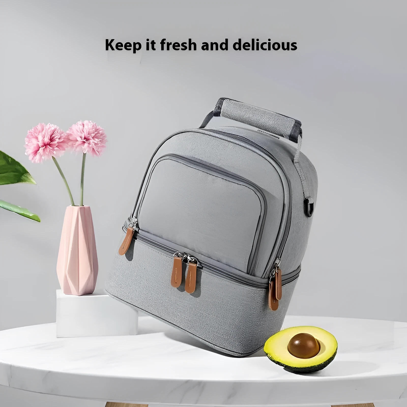 Grey women's thermal insulation backpack with adjustable curved shoulder straps