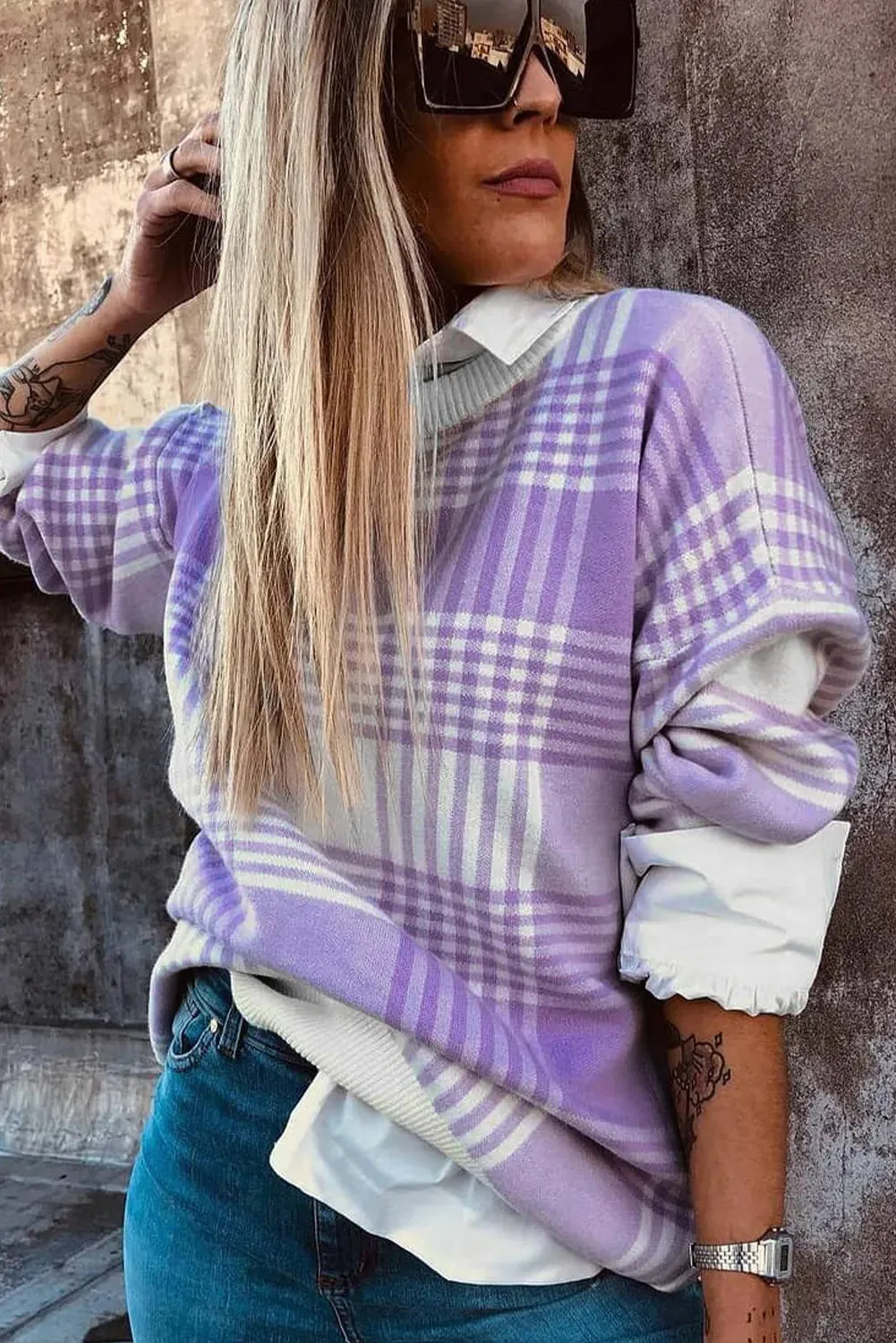 Lilac plaid print women's loose-fit long sleeve sweater with ribbed cuff and hem trim.