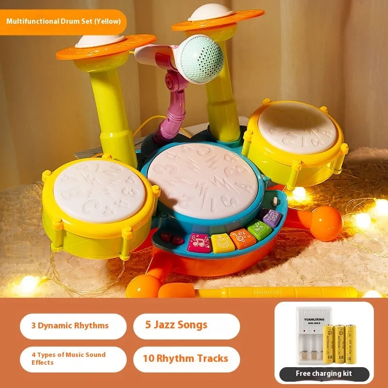 Yellow plastic hand tapping electronic drum toy for infants 0-3 years white box packaging