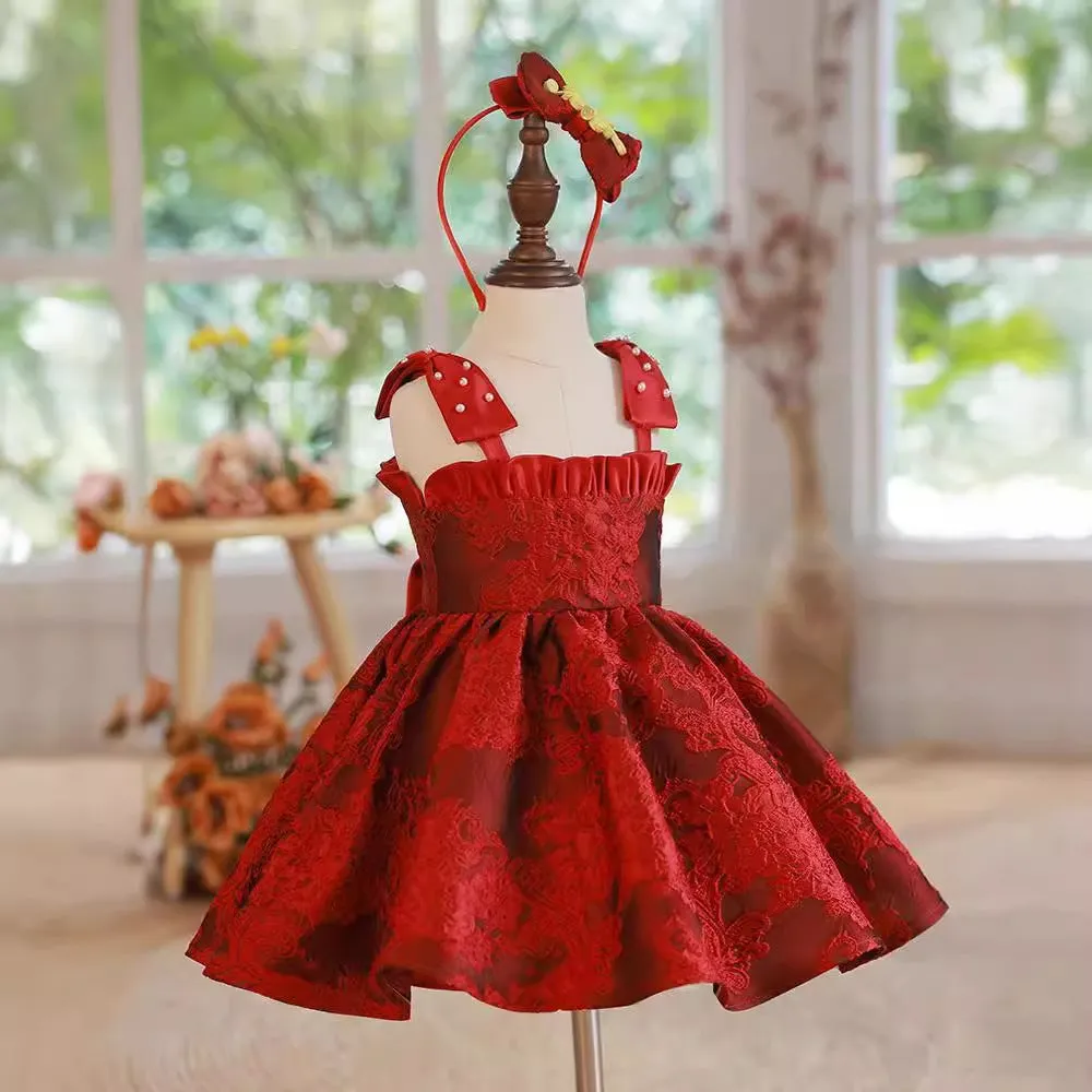 Red Zhuazhou girls braces skirt princess style polyester suspender dress for children