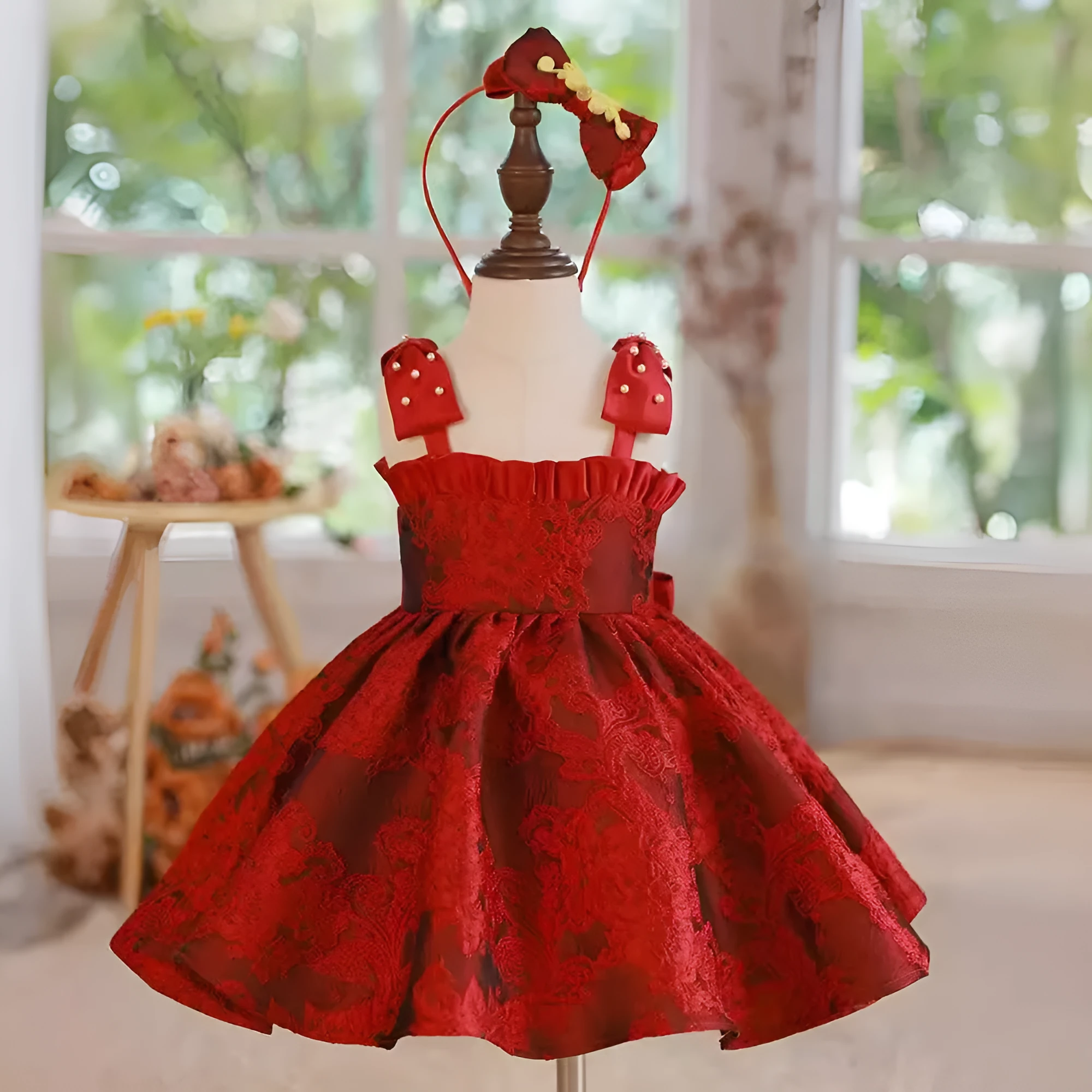 Red Zhuazhou girls braces skirt princess style polyester suspender dress for children