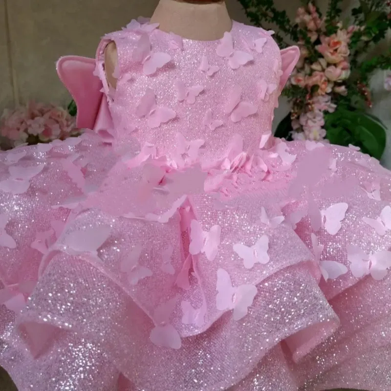 Pink girls sleeveless polyester summer dress with three-dimensional butterfly decoration