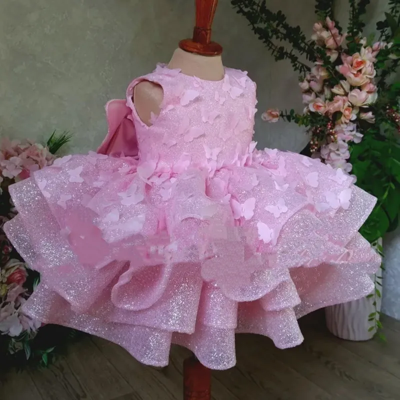 Pink girls sleeveless polyester summer dress with three-dimensional butterfly decoration
