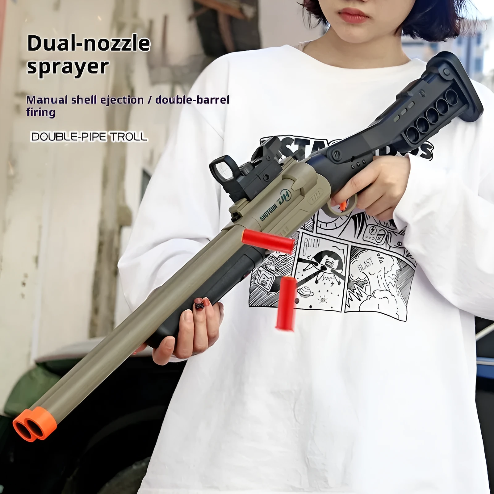 Double-barreled S686 shell-ejecting soft bullet toy gun in plastic foldable design for youth