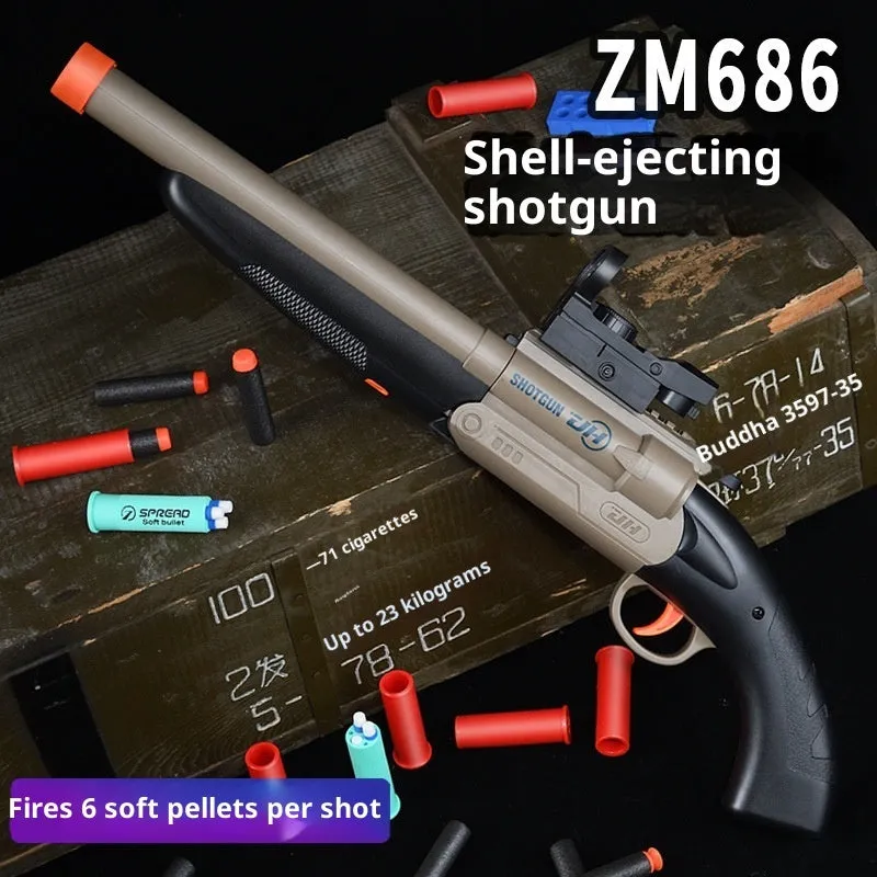 Double-barreled S686 shell-ejecting soft bullet toy gun in plastic foldable design for youth
