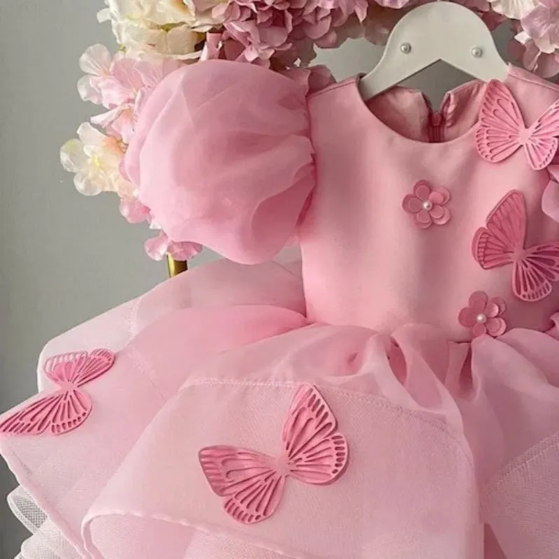 Girls western style princess dress in pink with frill details and bow on front, cotton blend fabric