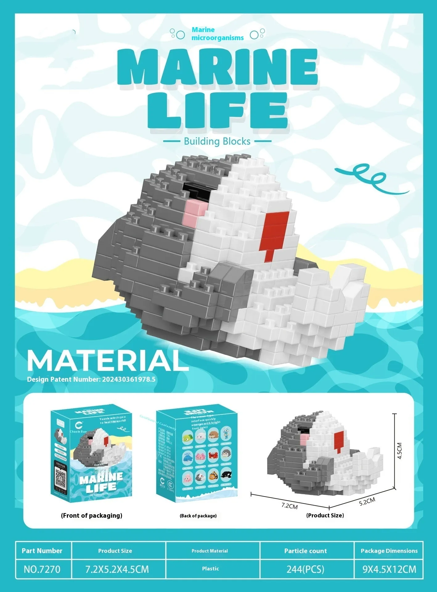 Twelve marine small creature building block models in a colour box including turtle, blue whale, and clownfish.