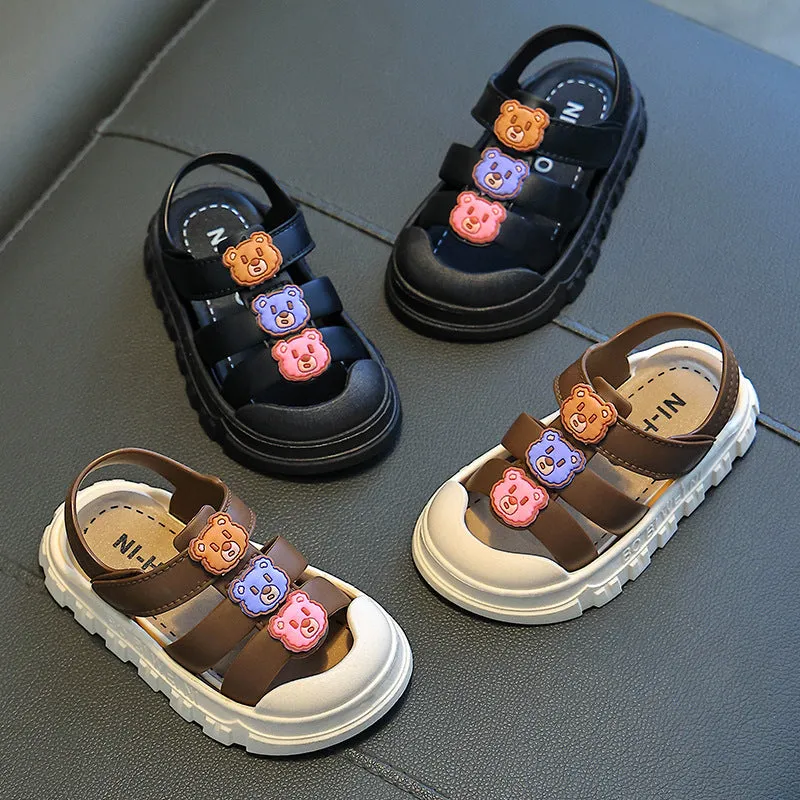 Boy baby shoes soft bottom non-slip PVC sole Velcro sandals cartoon design black