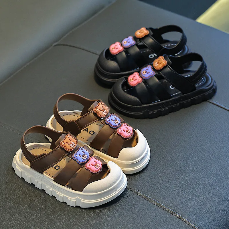 Boy baby shoes soft bottom non-slip PVC sole Velcro sandals cartoon design black
