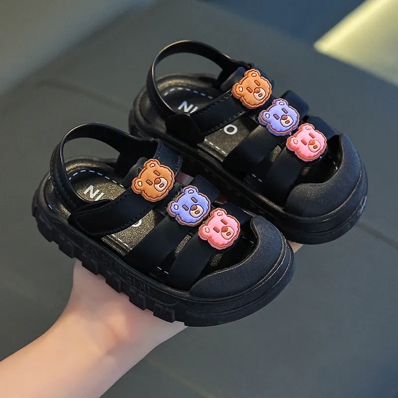 Boy baby shoes soft bottom non-slip PVC sole Velcro sandals cartoon design black