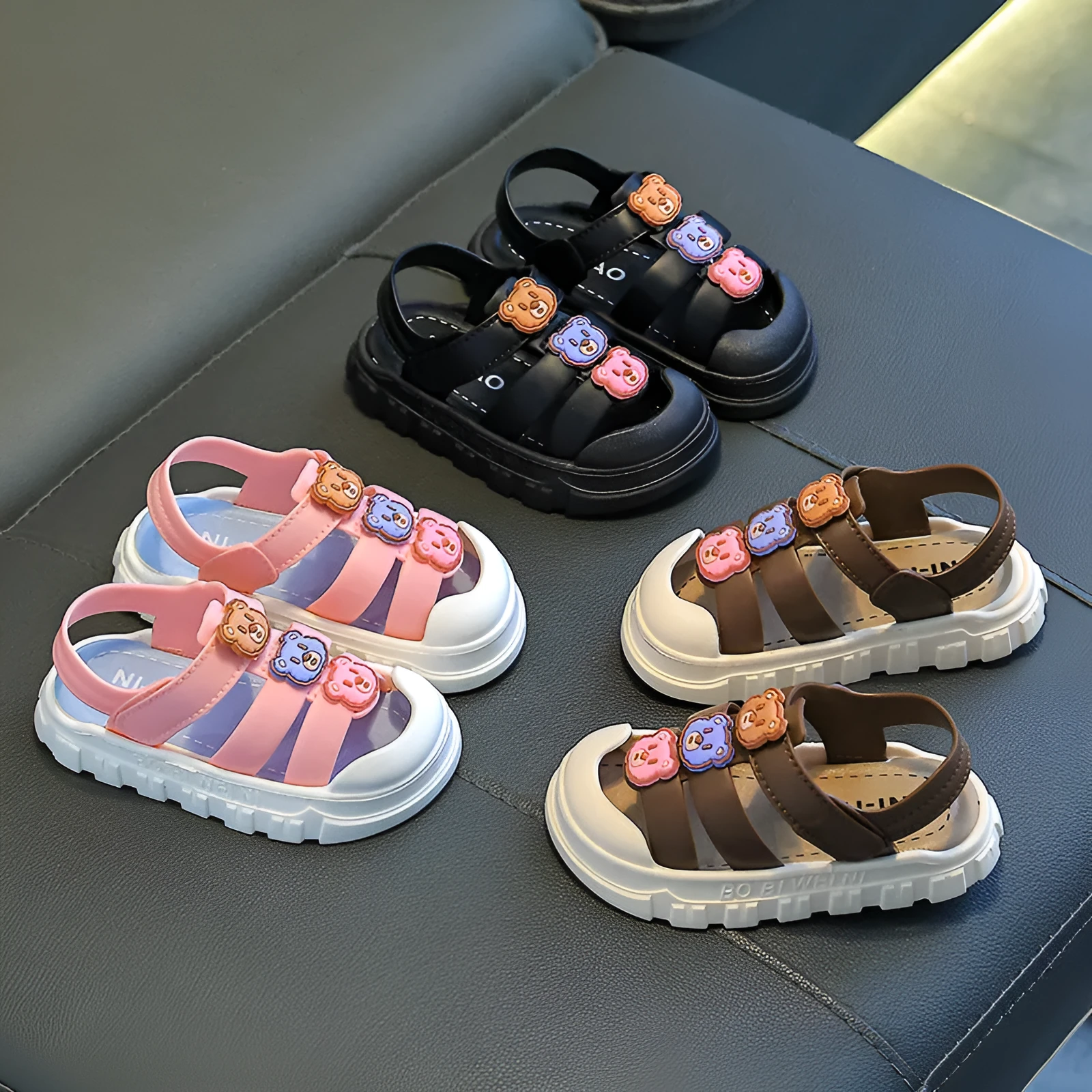 Boy baby shoes soft bottom non-slip PVC sole Velcro sandals cartoon design black