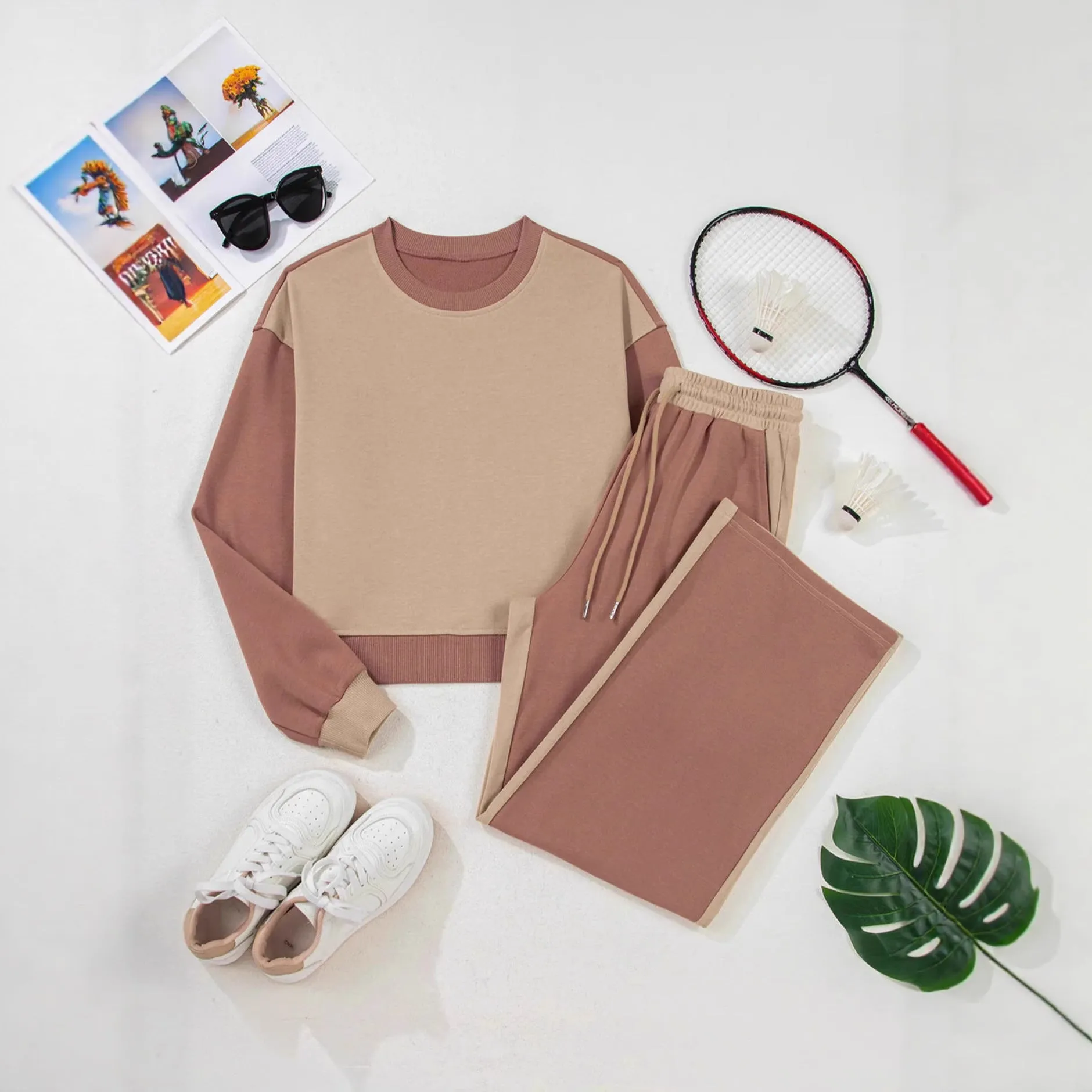 Women's camel cotton matching sports suit with top and trousers
