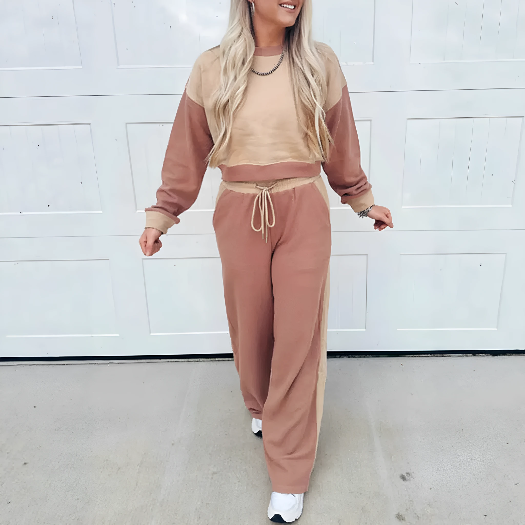 Women's camel cotton matching sports suit with top and trousers