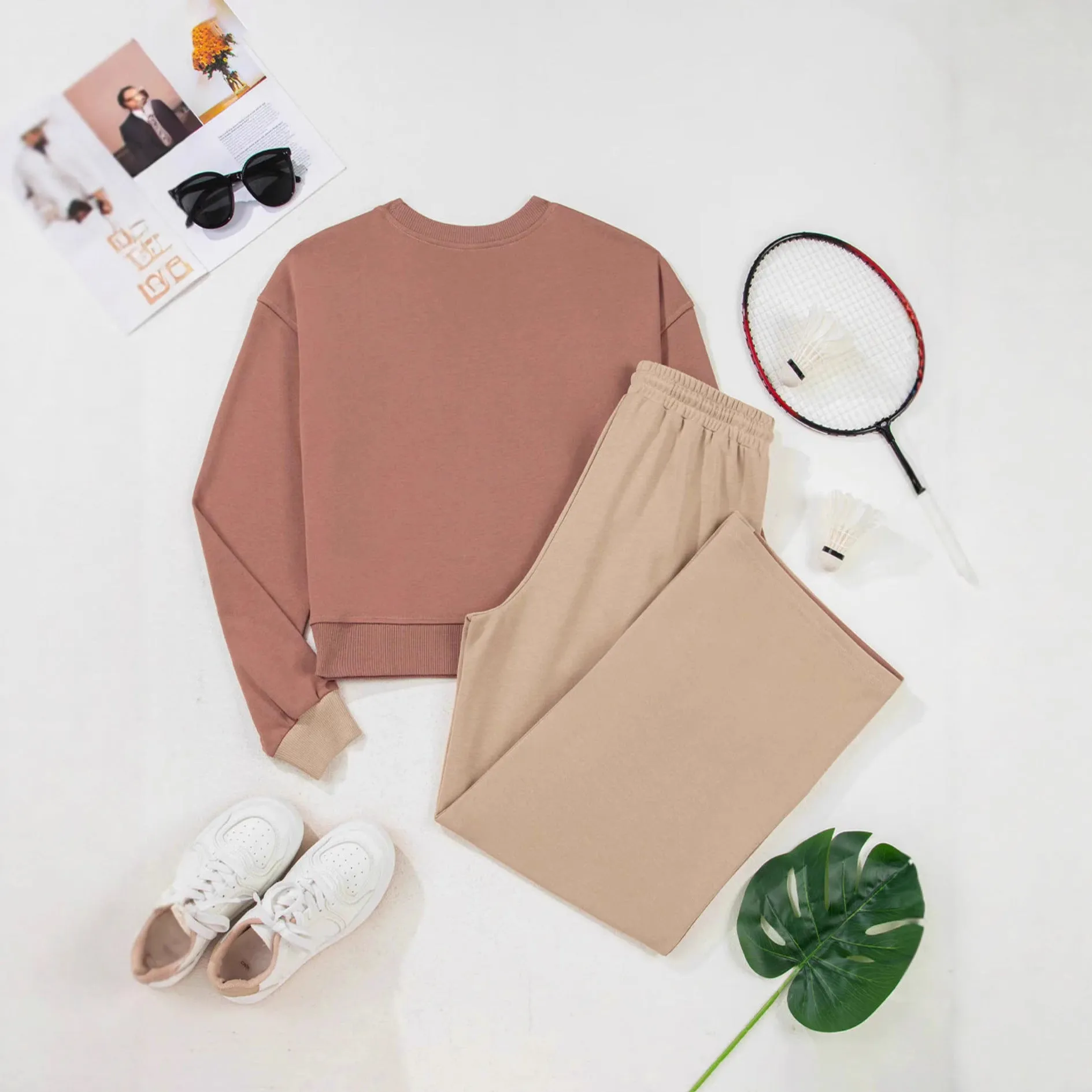 Women's camel cotton matching sports suit with top and trousers