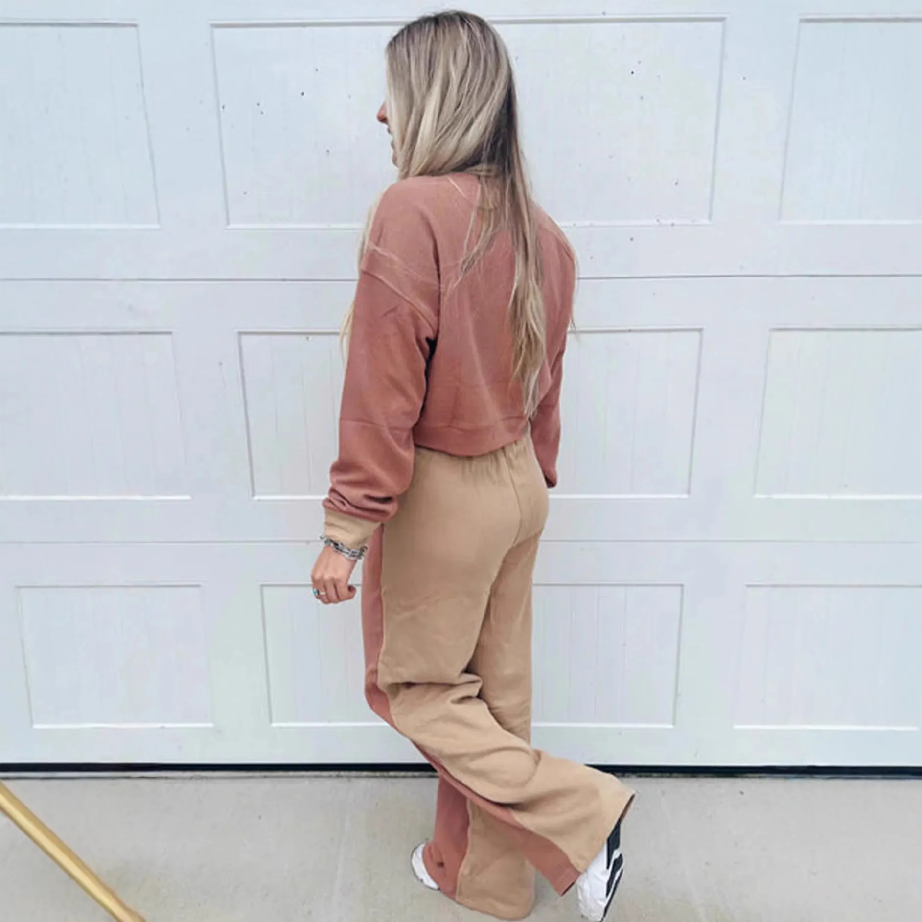 Women's camel cotton matching sports suit with top and trousers