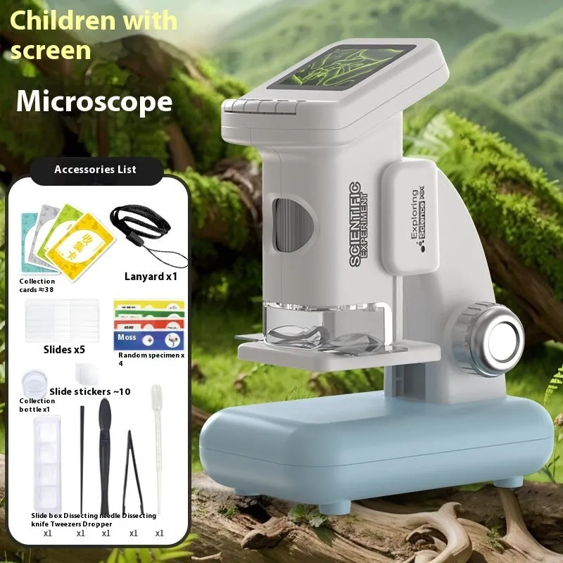 Smart digital microscope for kids with electronic belt display in blue gray and green ABS plastic with accessories