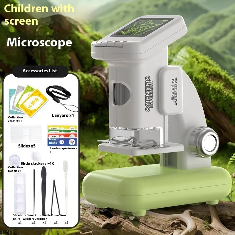 Smart digital microscope for kids with electronic belt display in blue gray and green ABS plastic with accessories