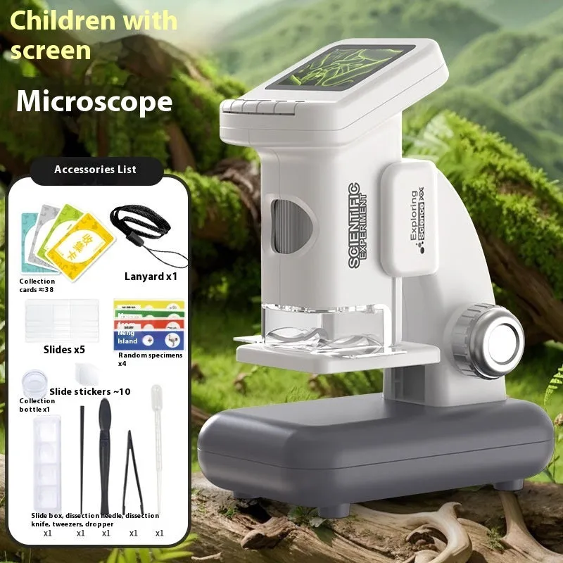 Smart digital microscope for kids with electronic belt display in blue gray and green ABS plastic with accessories