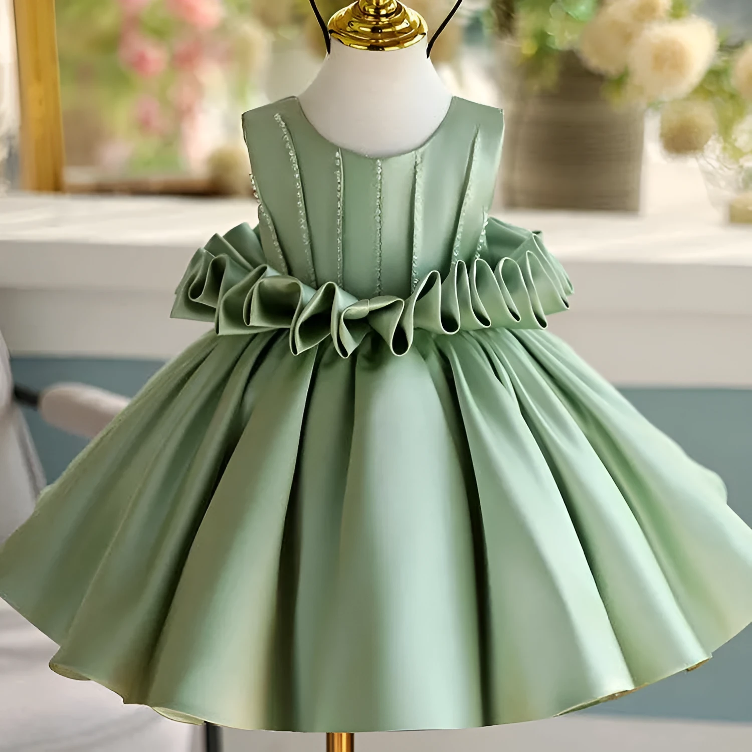 Girls' satin slim fit sleeveless party dress in Fruit Green colour for birthday events