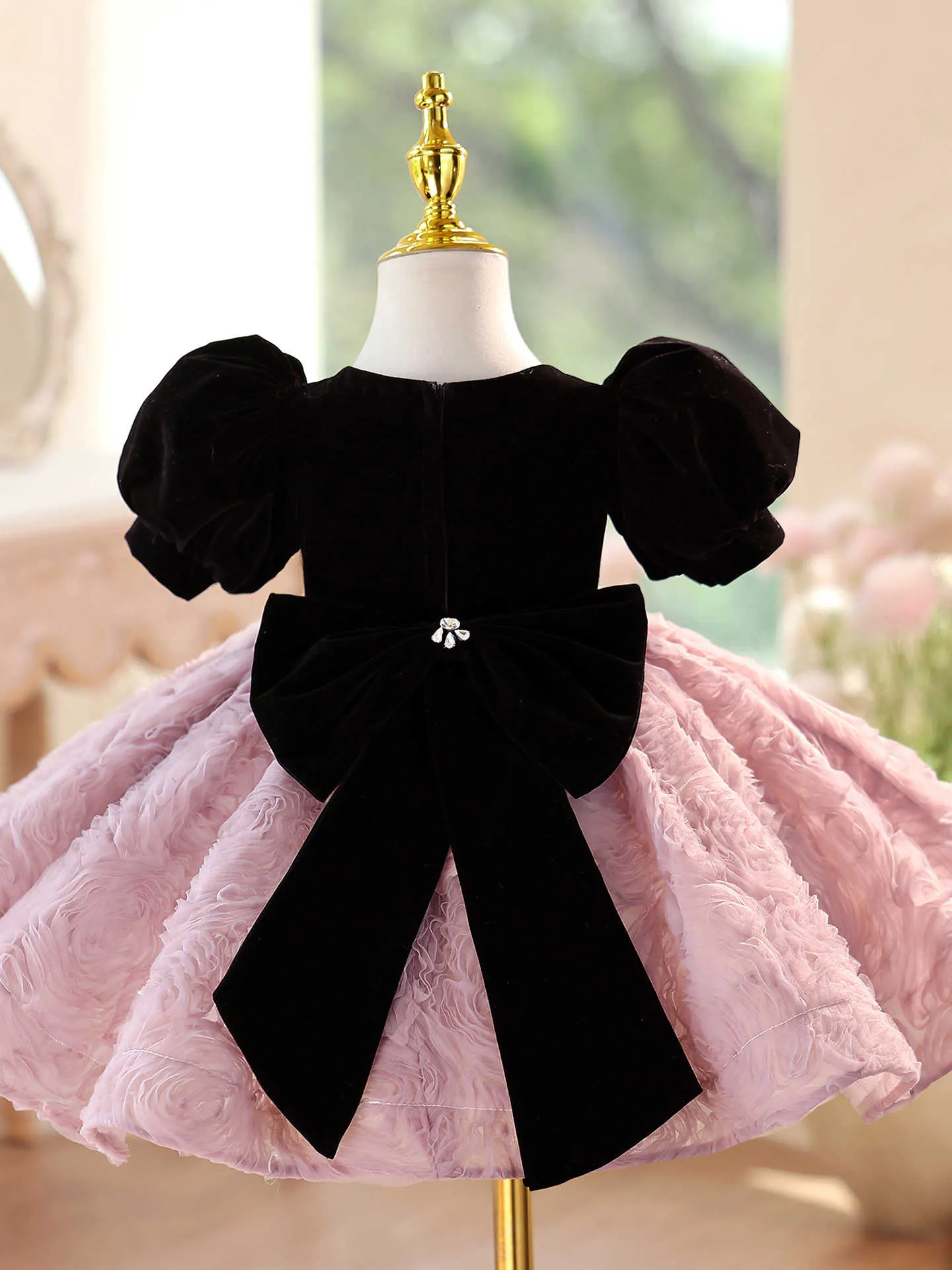 Girls' formal dress in pink purple, slim fit, short sleeves, round neck, for piano performance, height size options 90cm to 160cm