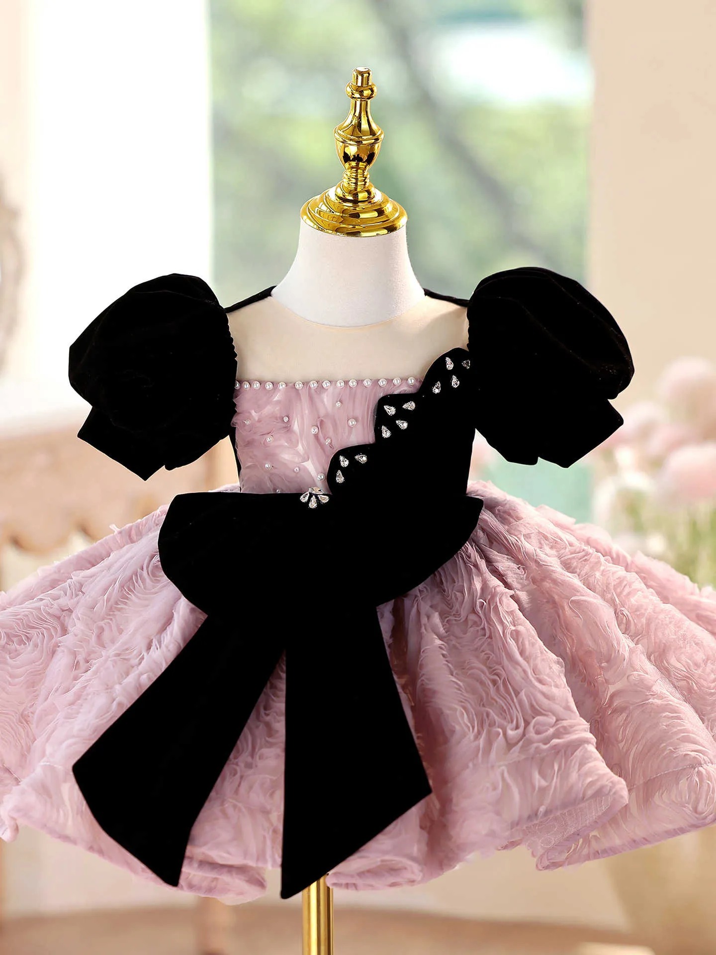 Girls' formal dress in pink purple, slim fit, short sleeves, round neck, for piano performance, height size options 90cm to 160cm