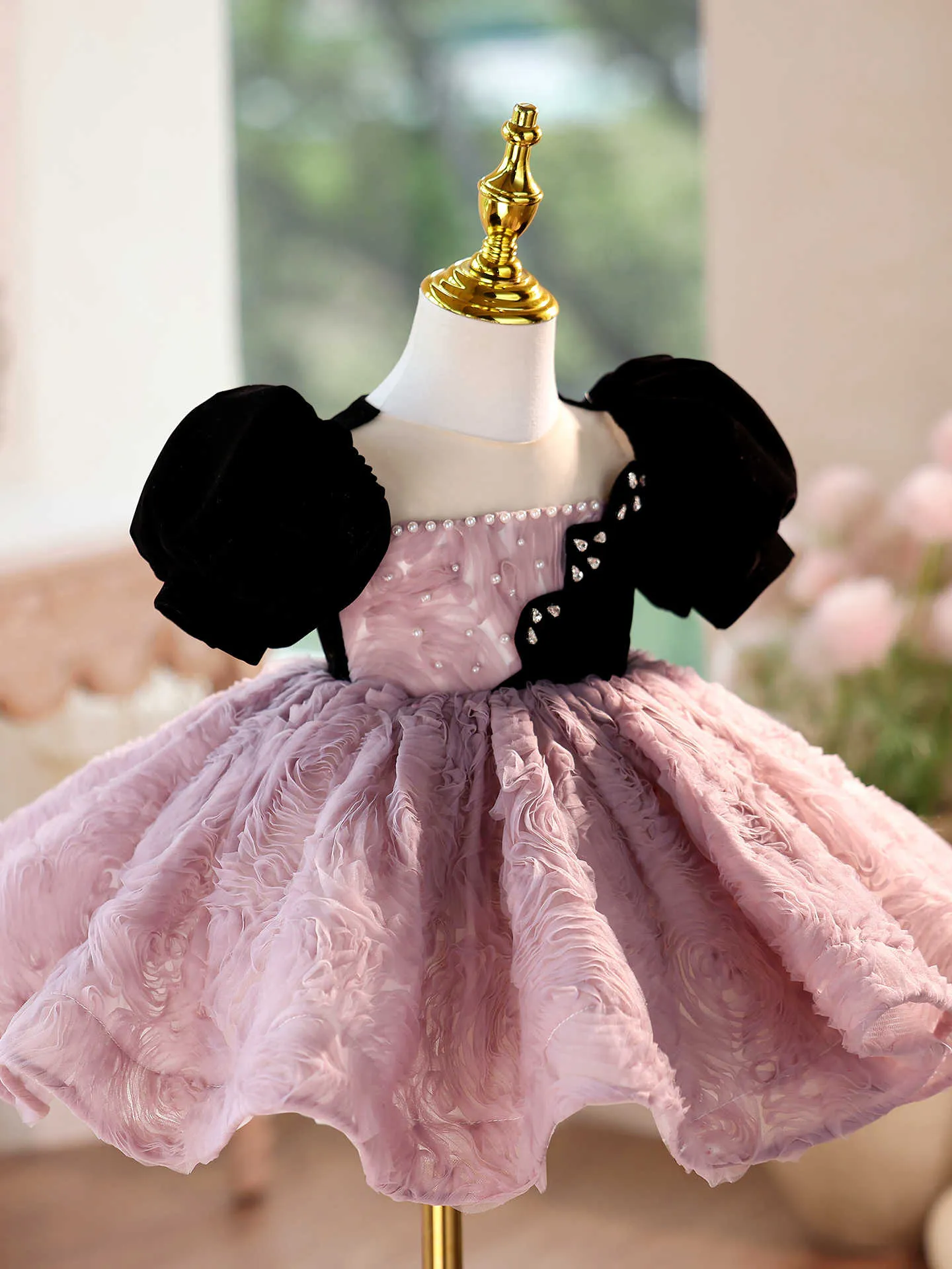 Girls' formal dress in pink purple, slim fit, short sleeves, round neck, for piano performance, height size options 90cm to 160cm