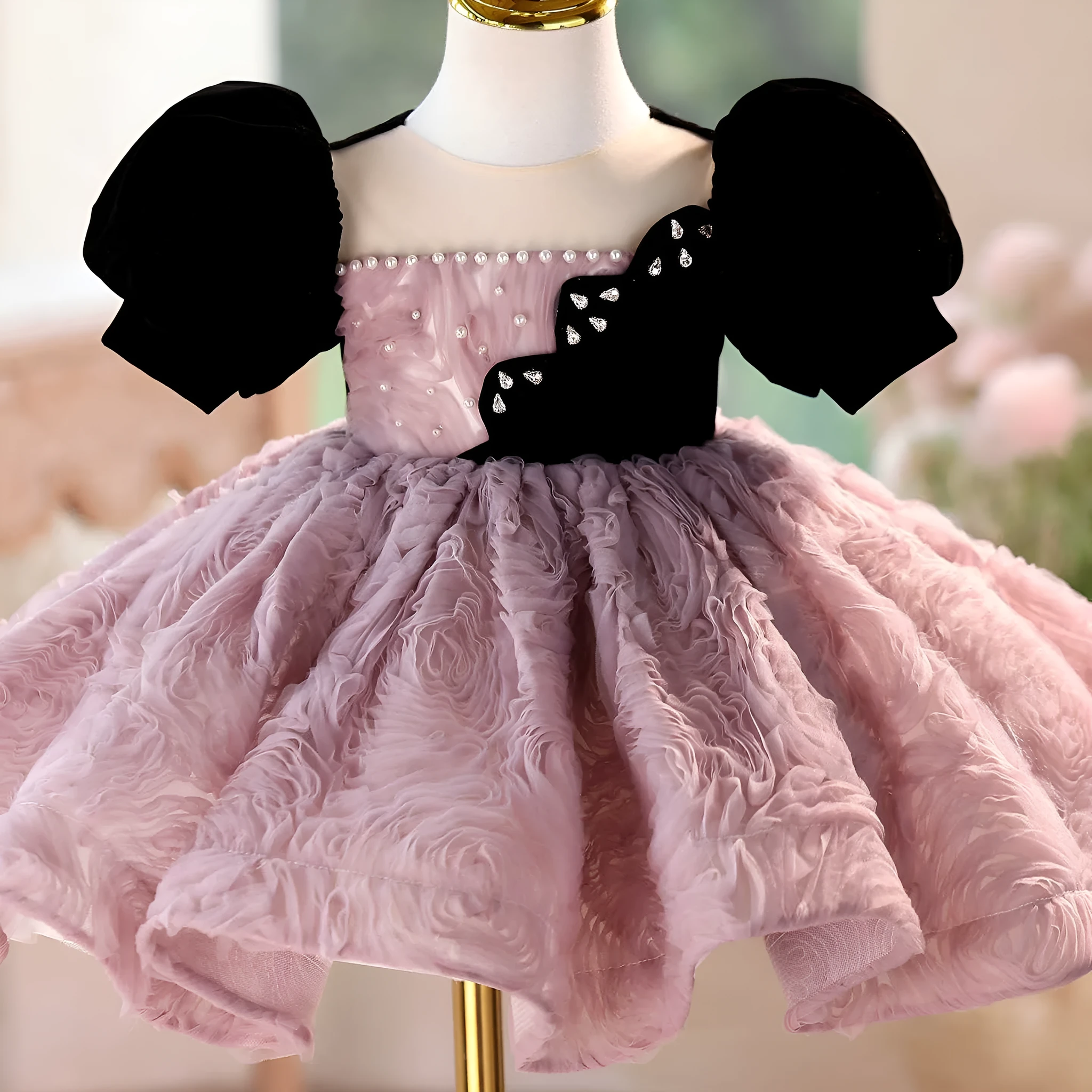 Girls' formal dress in pink purple, slim fit, short sleeves, round neck, for piano performance, height size options 90cm to 160cm