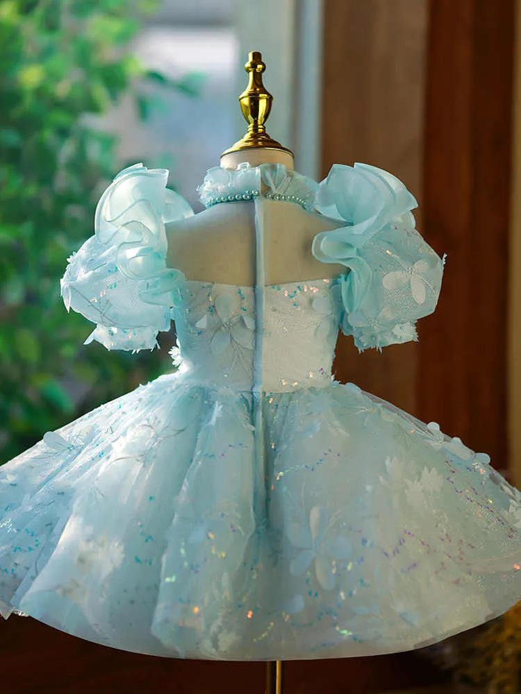 Girls' princess dress blue green colour light luxury evening style for girls 100-160cm