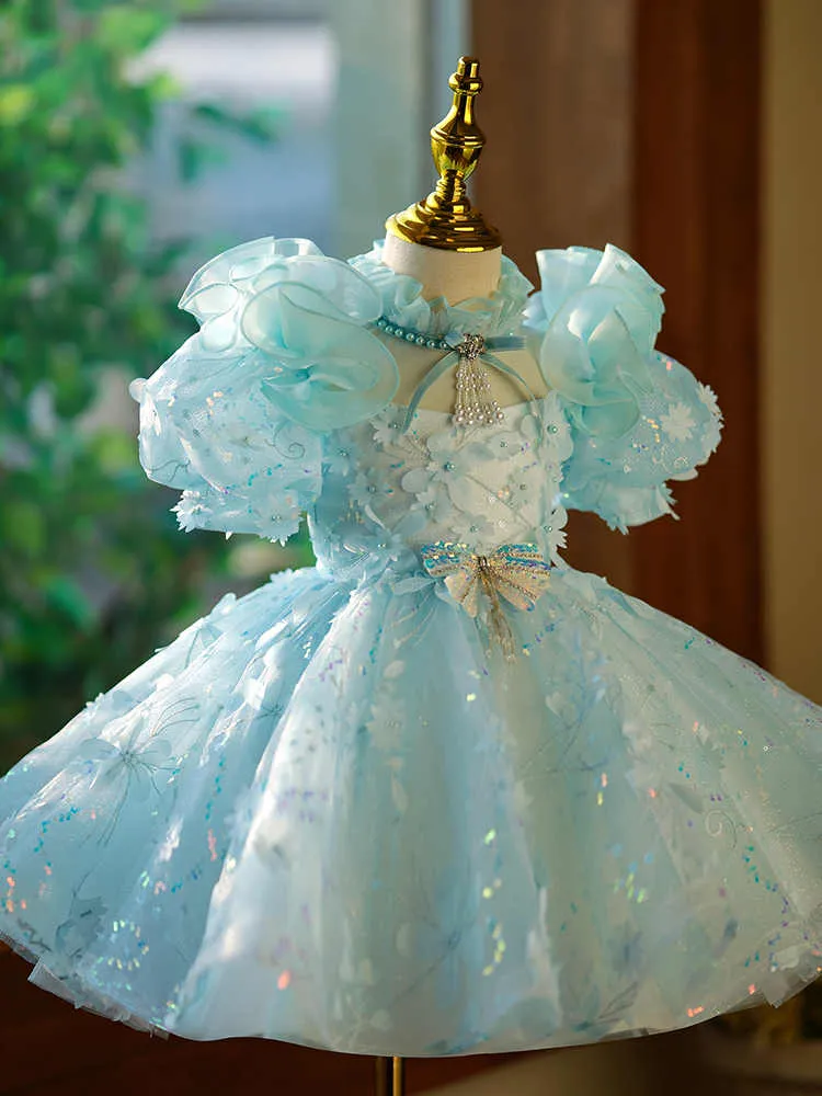 Girls' princess dress blue green colour light luxury evening style for girls 100-160cm