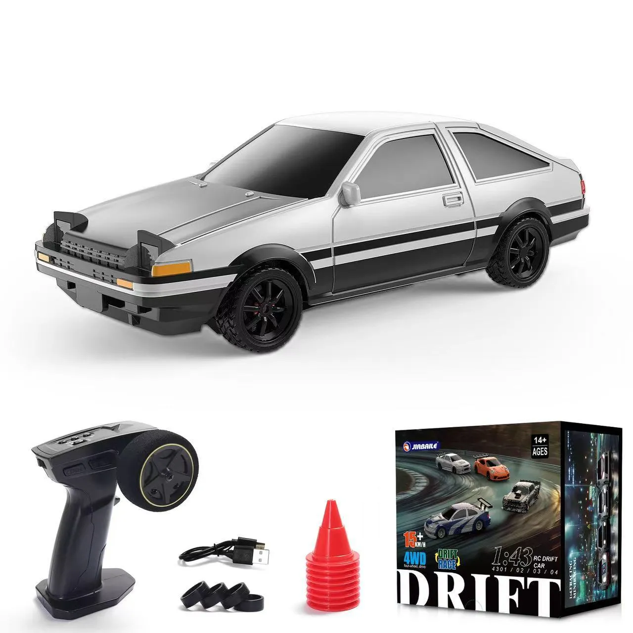 1:43 scale high-speed remote control car in plastic with four-wheel drive and gyroscope