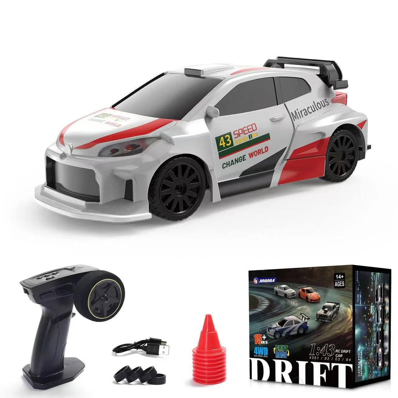 1:43 scale high-speed remote control car in plastic with four-wheel drive and gyroscope