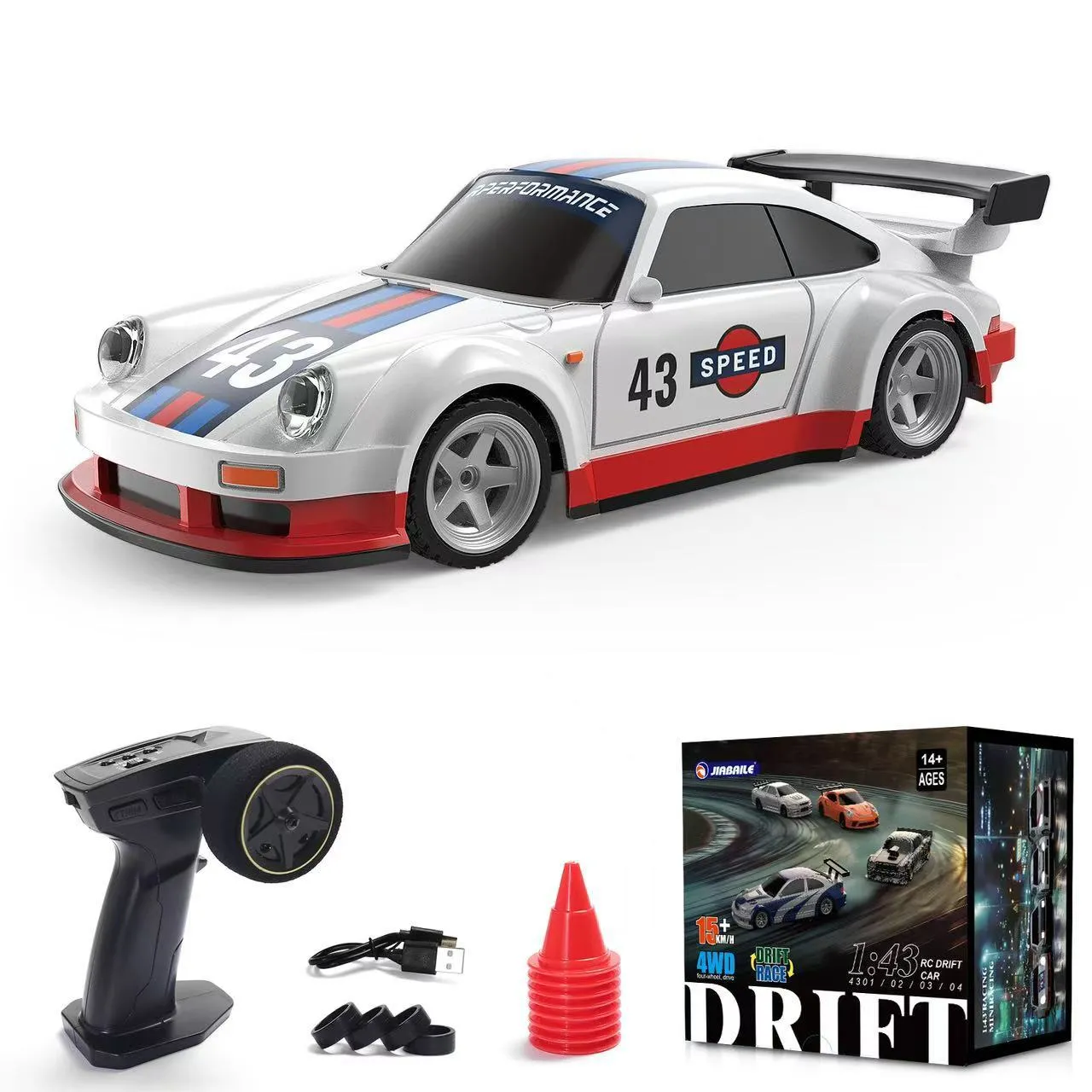 1:43 scale high-speed remote control car in plastic with four-wheel drive and gyroscope