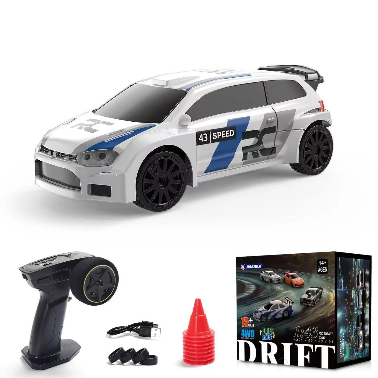 1:43 scale high-speed remote control car in plastic with four-wheel drive and gyroscope