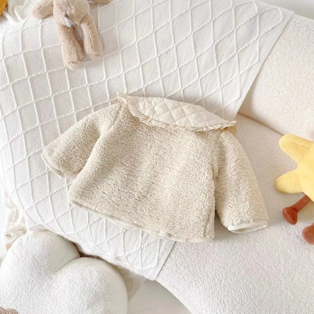 Fleece-lined children's jacket for boys, milky white, lapel design, single-breasted, suitable for 80-130cm height