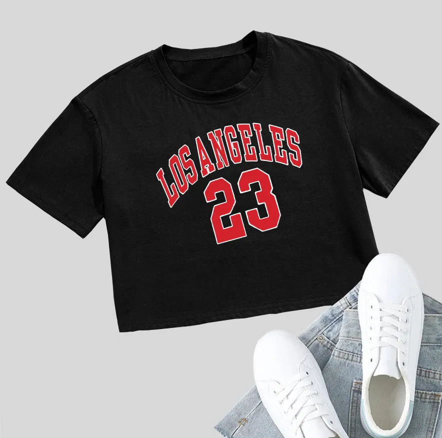 A black loose-fit women's cotton t-shirt with personalised white English letters printing on the front.