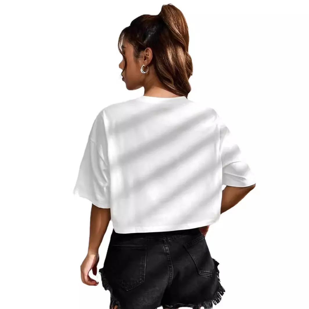 A black loose-fit women's cotton t-shirt with personalised white English letters printing on the front.