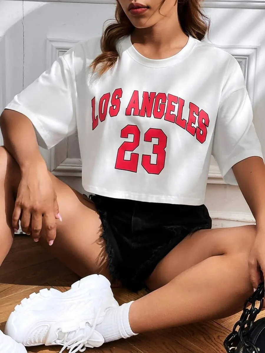 A black loose-fit women's cotton t-shirt with personalised white English letters printing on the front.