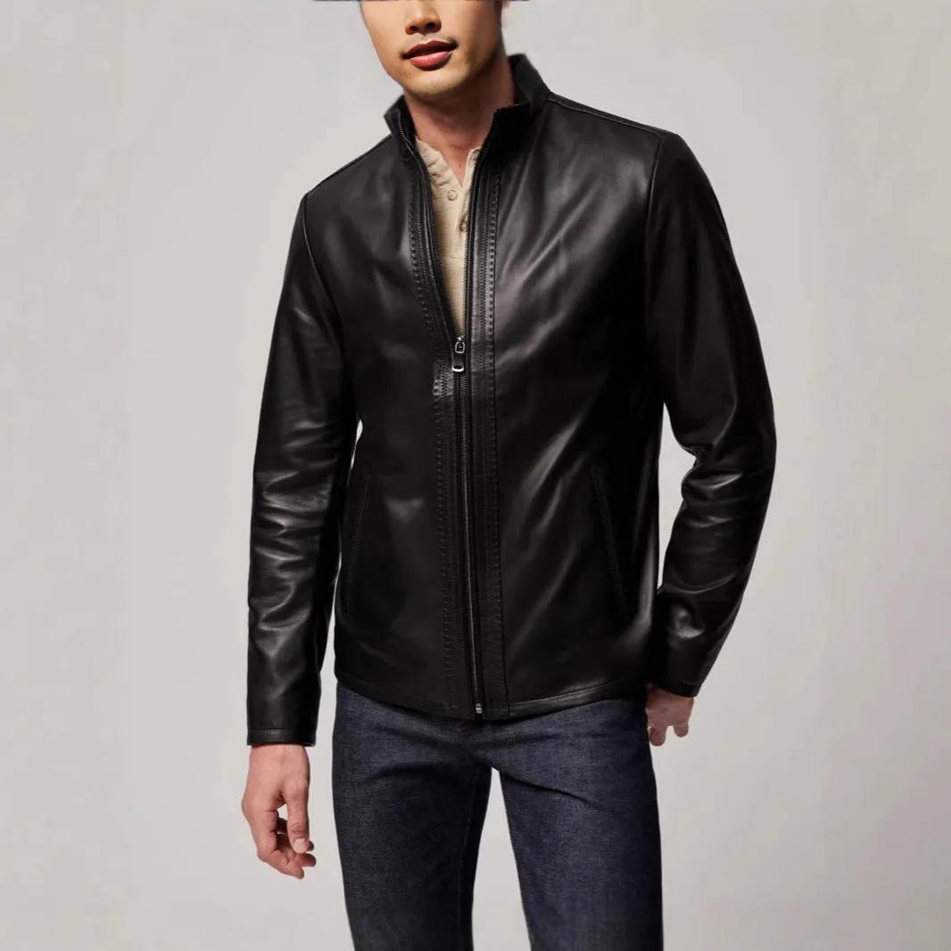 Black men's American retro style leather jacket made from polyester fabric with long sleeves and straight hem