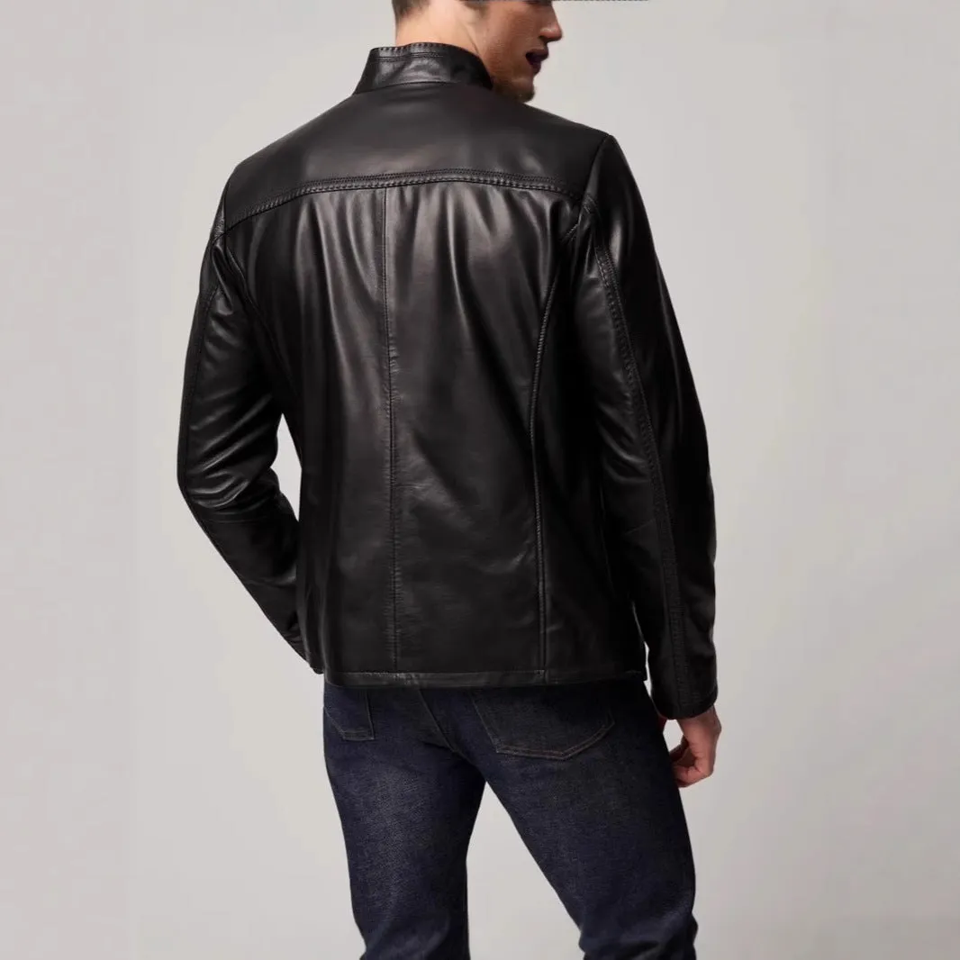 Black men's American retro style leather jacket made from polyester fabric with long sleeves and straight hem