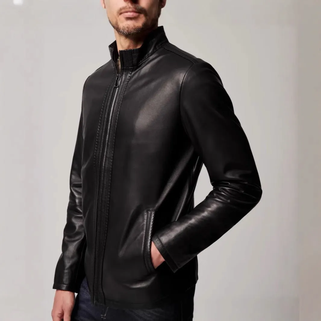 Black men's American retro style leather jacket made from polyester fabric with long sleeves and straight hem