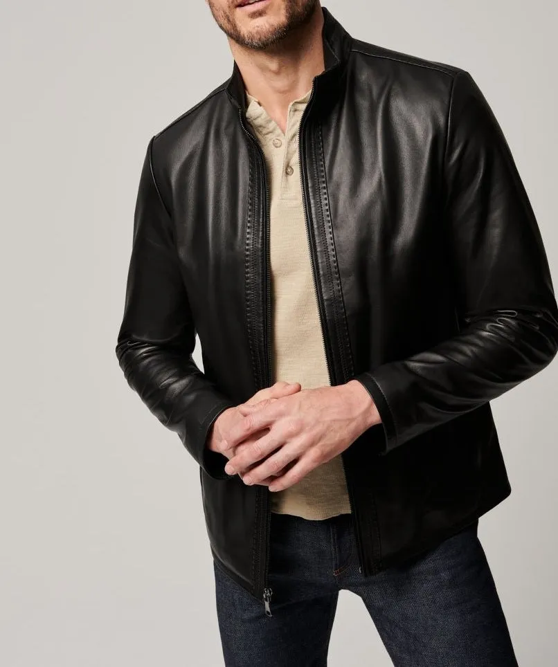 Black men's American retro style leather jacket made from polyester fabric with long sleeves and straight hem