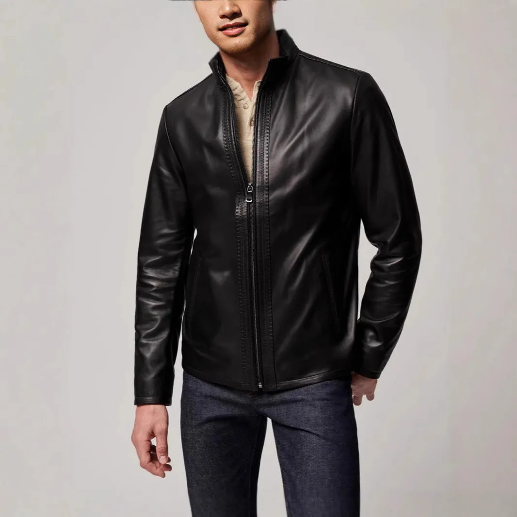Black men's American retro style leather jacket made from polyester fabric with long sleeves and straight hem