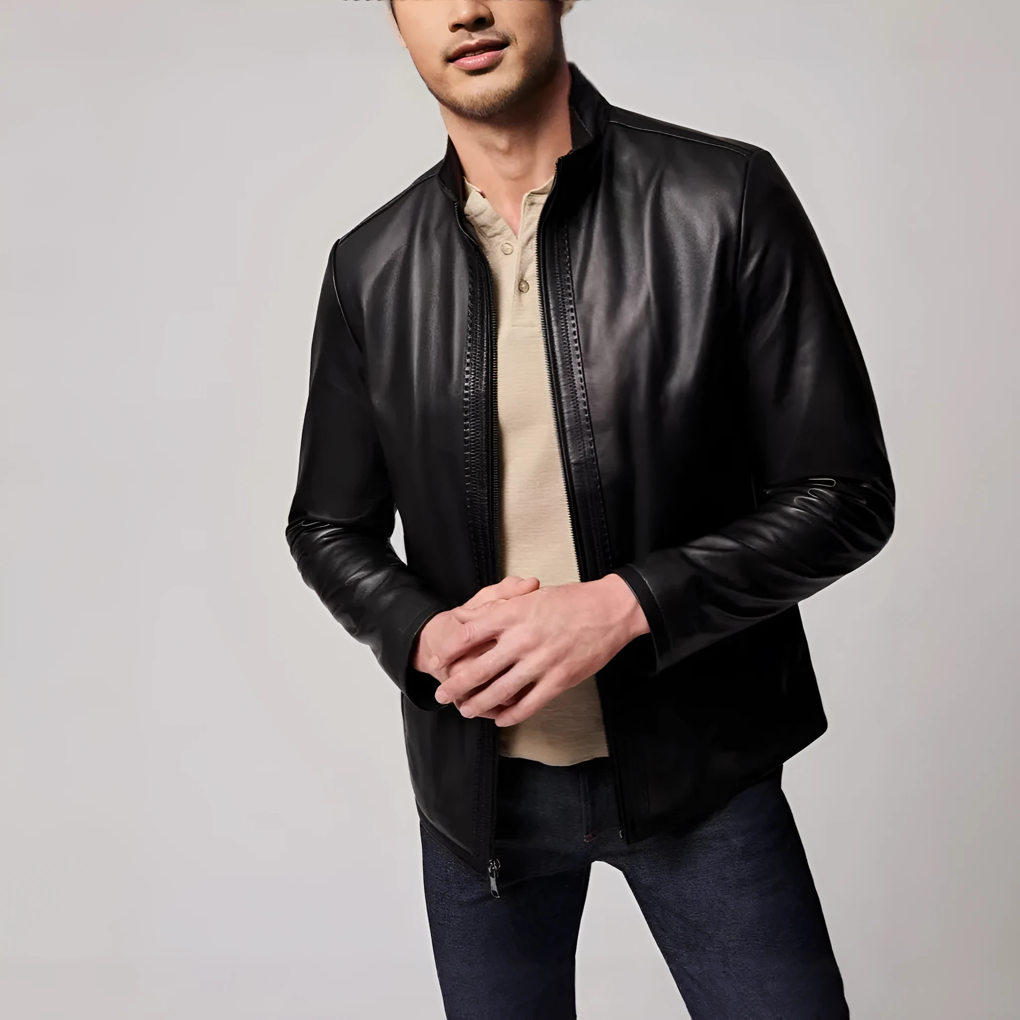 Black men's American retro style leather jacket made from polyester fabric with long sleeves and straight hem