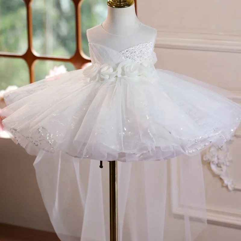 White polyester sleeveless princess dress for children's performances, round neck, full length